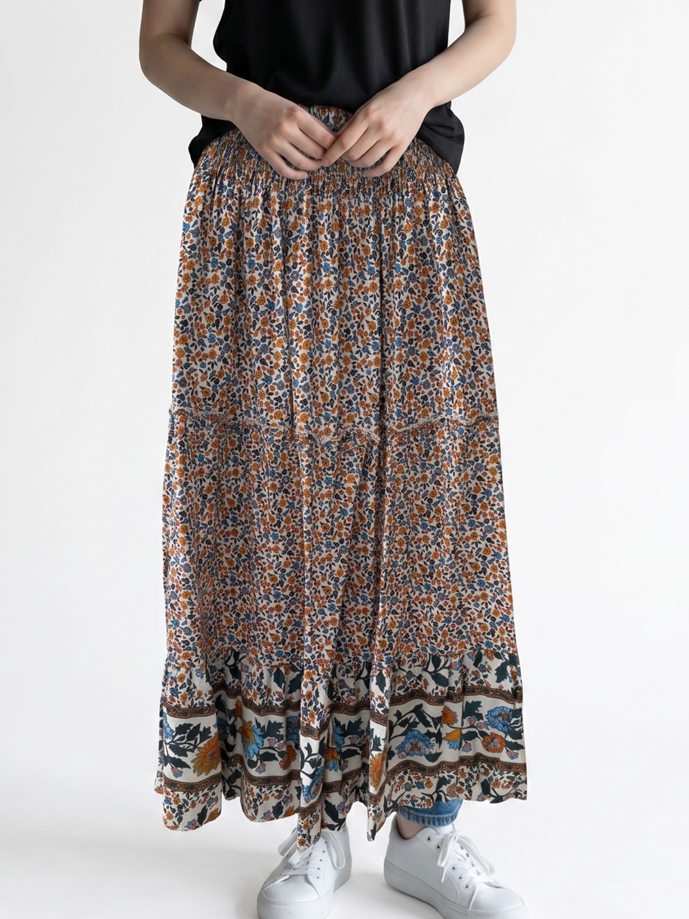 Floral Boho Tiered Maxi Skirt with Elastic Waist and Pockets, Small - Picture 1 of 8